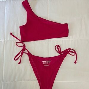 Frankies Bikinis Dark Pink  One-Shoulder Bikini Set